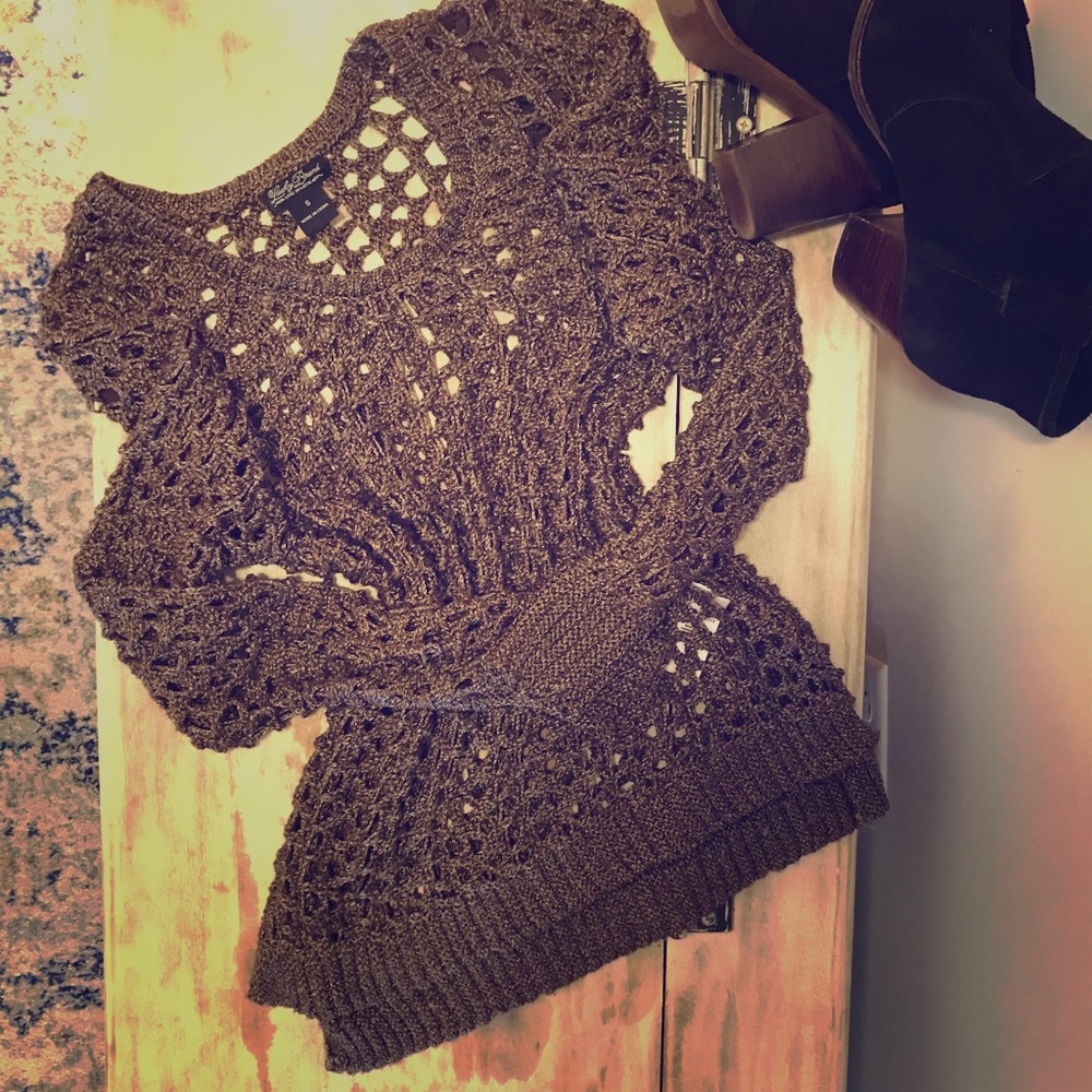 Lucky Brand Long Sleeve Crochet Brown Top